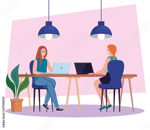coworking space, women in desk with laptops, team working concept vector illustration design