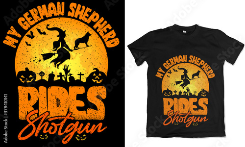 My German shepherd Dog rides shotgun - Halloween Illustration for T-shirt Design