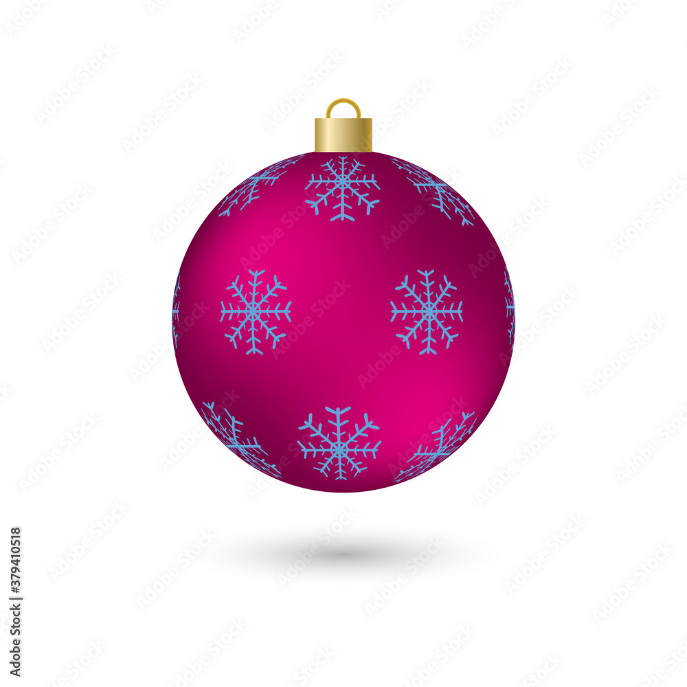 Vector volumetric red Christmas ball with blue snowflake pattern, with shadows and highlights. Christmas tree toy. Isolated on white background Vector volumetric red Christmas ball with blue snowflake pattern, with shadows and highlights. Christmas tree toy. Isolated on white background