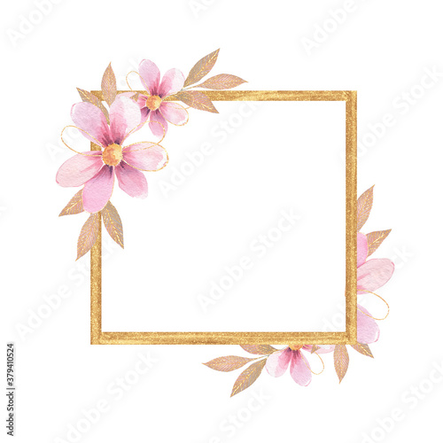 Golden round frame with white rose. Floral Wedding card decor. Element for design