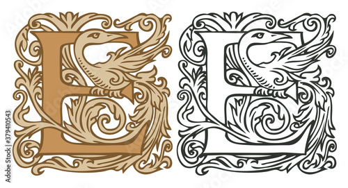 Initial letter E with vintage Baroque decorations. Two vector uppercase letters E in beige and black-white colors. Beautiful filigree capital letter to use for monogram, logo, emblem, card, invitation