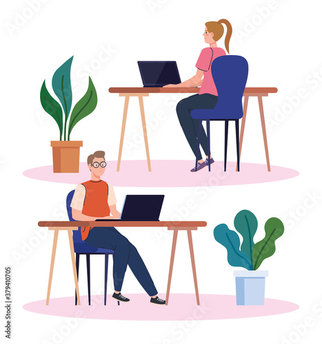 coworking space, couple in desks with laptops, team working concept vector illustration design