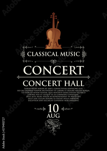 Poster for a concert of classical music in vintage style. Vector banner, flyer, invitation or ticket with the violin and place for text on the black background