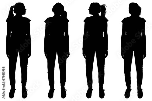 Black silhouettes of the four girls is isolated on a white background. Girl is standing there motionless. Looking sideways, up, out front. Woman in sportswear. Hair on her head is tied in a high tail.