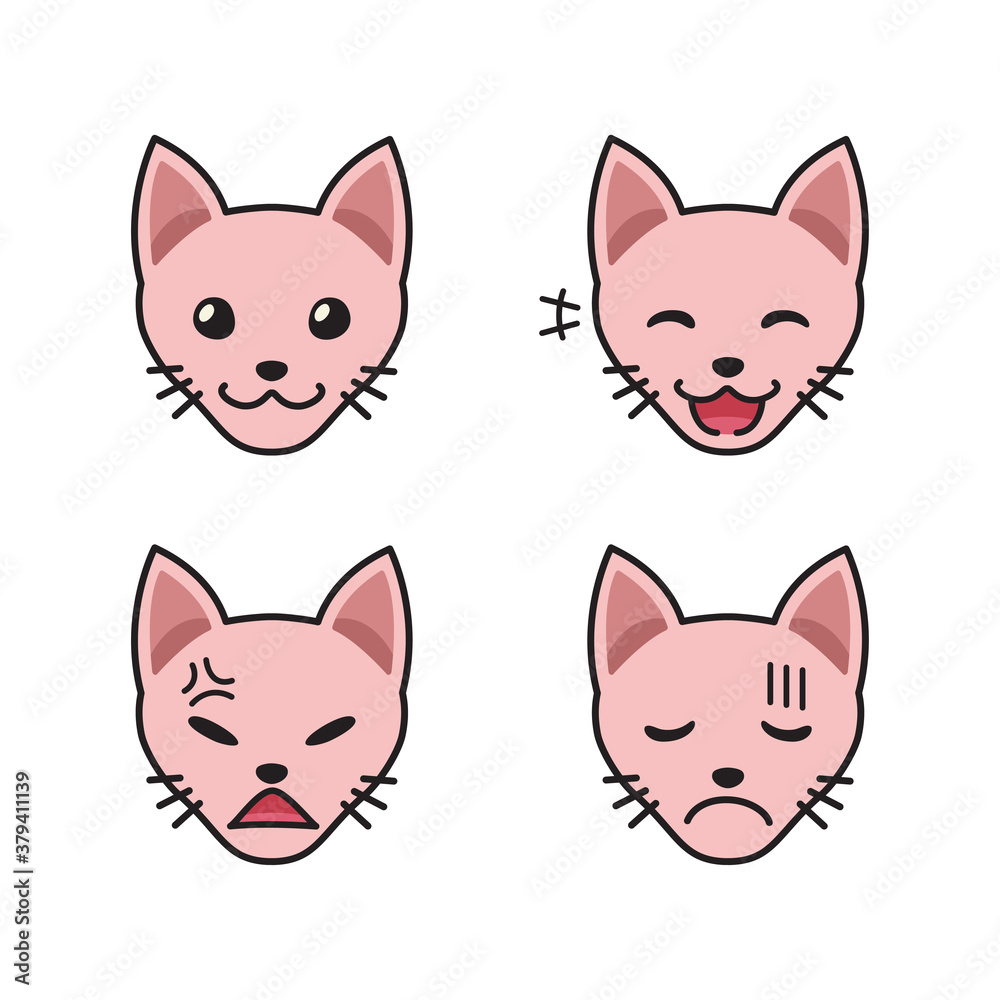 Set of sphynx cat faces showing different emotions for design.