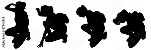 Tourist with a backpack on back. Black silhouettes are isolated on a white background. Girl sat down and looks intently at something in front of her. With one hand helps himself to focus on the object