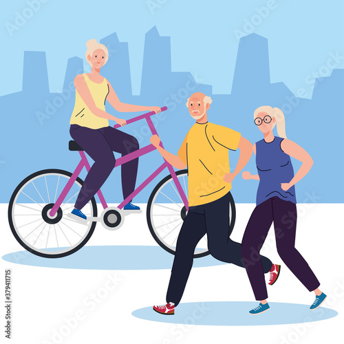 old people doing different activities and hobbies outdoor vector illustration design