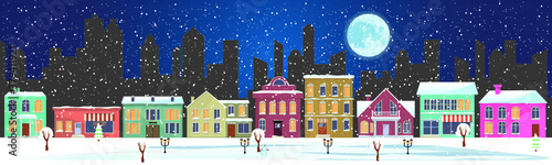 Winter city landscape vector illustration. Snow-covered houses and shops on the main street.