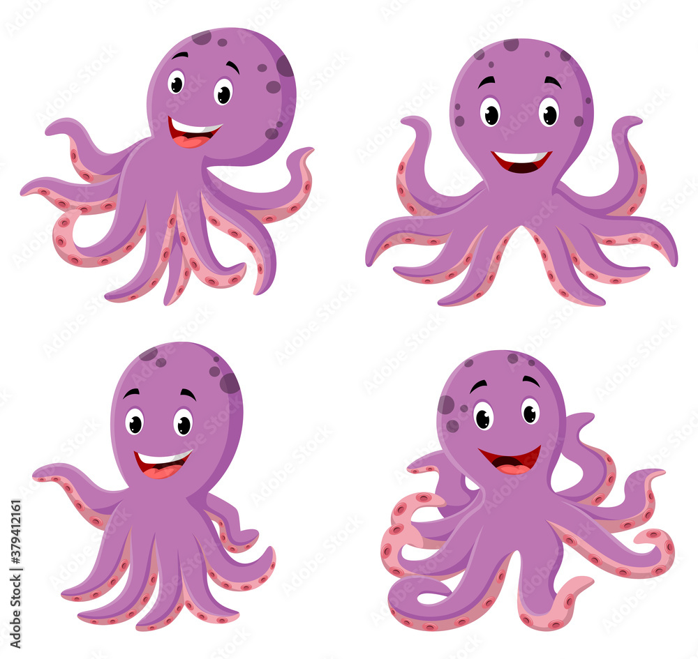 Cute cartoon octopus different expression. Vector illustration