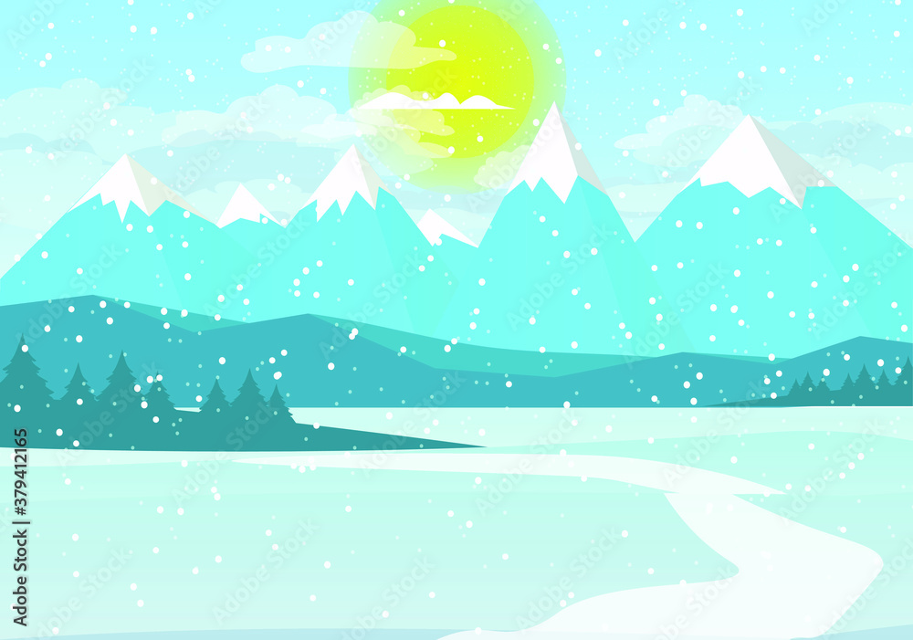 Mountains in winter. It is snowing and the sun is shining brightly. Path to the mountains. Vector Mountains in winter. It is snowing and the sun is shining brightly. Path to the mountains. Vector