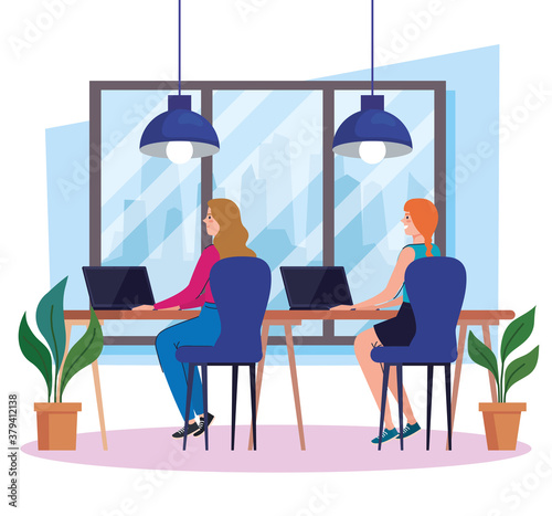 coworking space, group women in desk with laptops, team working concept vector illustration design