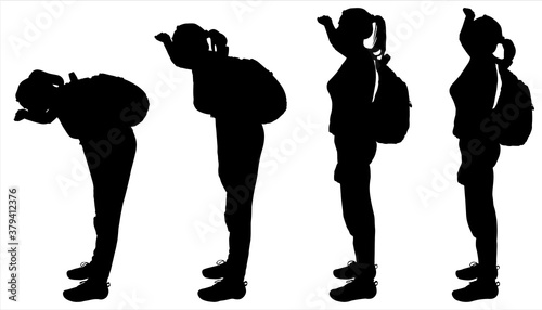 A tourist with a backpack on her back. The girl raises her hand to her face, looks up. Side view, profile. Hiking. The four black female silhouettes are isolated on a white background.