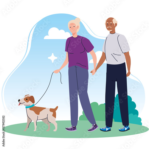 old couple walking with dog pet in the park vector illustration design