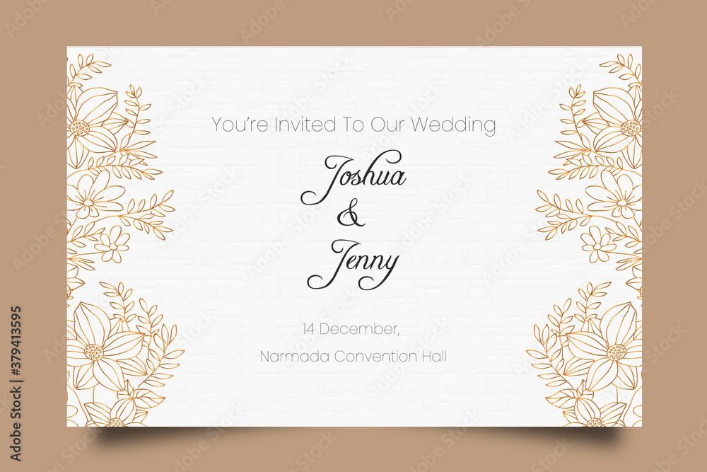 Beautiful golden hand drawn floral wedding invitation Beautiful golden hand drawn floral wedding invitation
