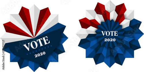 Vektor Banner Vote 2020, Präsidentschaftswahlen, Pin mit weißen, roten und blauen Elementen, Button mit Schriftzug 