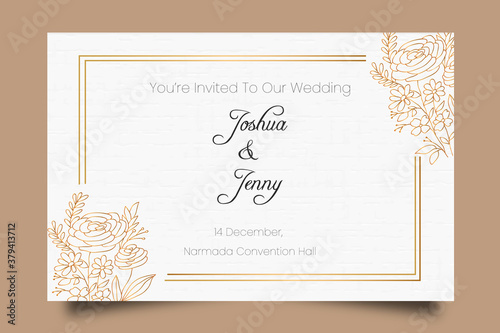 Beautiful golden hand drawn floral wedding invitation 