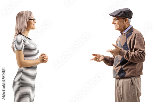 Young blond woman and a senior man having a conversation