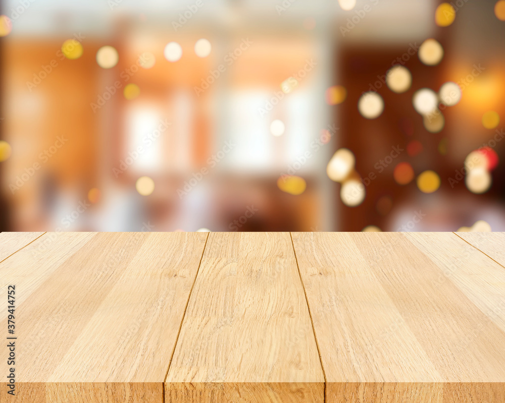 Empty wooden table in front of abstract blurred bokeh background  . can be used for display or montage your products