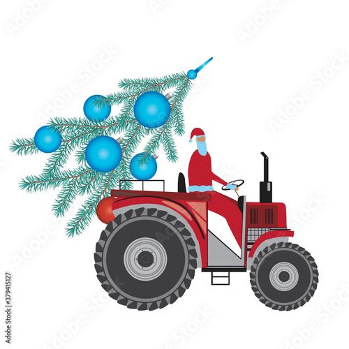 Tractor with santa tractor driver delivering christmas tree, flat vector stock illustration with farm tractor isolated on white background