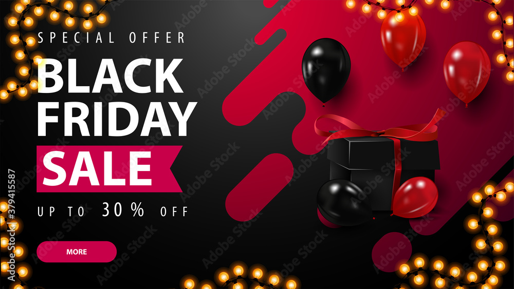 Special offer, Black Friday Sale, discount banner with stylish typographic, abstract liquid shape on background, red and black balloons, presents and button.
