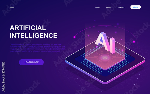 Artificial Intelligence web template for the simulation of human intelligence by computers and machines, colored vector illustration