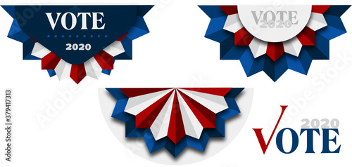 Vektor Banner Vote 2020, Präsidentschaftswahlen, Pin mit weißen, roten und blauen Elementen, Button mit Schriftzug 