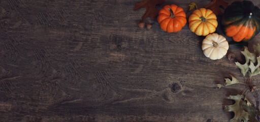 Fall Thanksgiving and Halloween pumpkins, leaves, acorn squash over rustic dark wood table background shot from directly above, horizontal with copy space