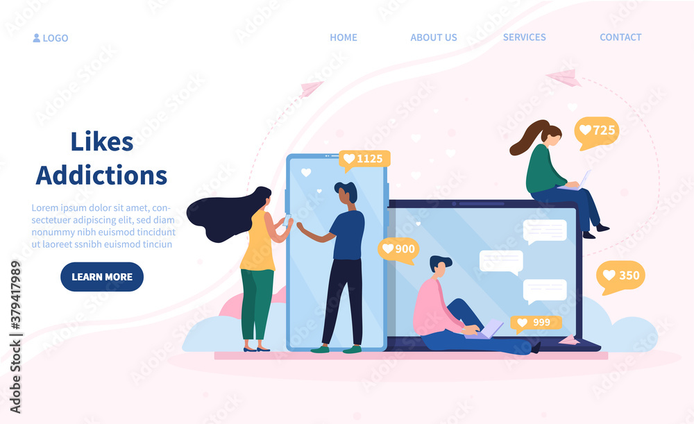 Online and social media Like Addictions concept showing people using digital devices awarding like icons and hearts, colored vector illustration web page template