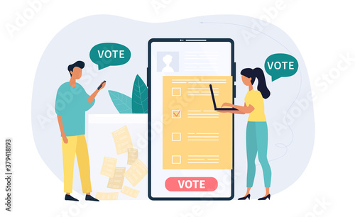 Mobile or online voting for Elections showing two people and a voting app or ballot paper on a digital device, colored vector illustration