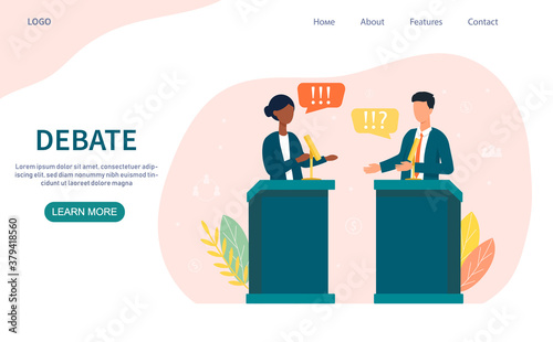 Political campaigning showing a debate between two party candidates standing at podiums, colored vector illustration web page template