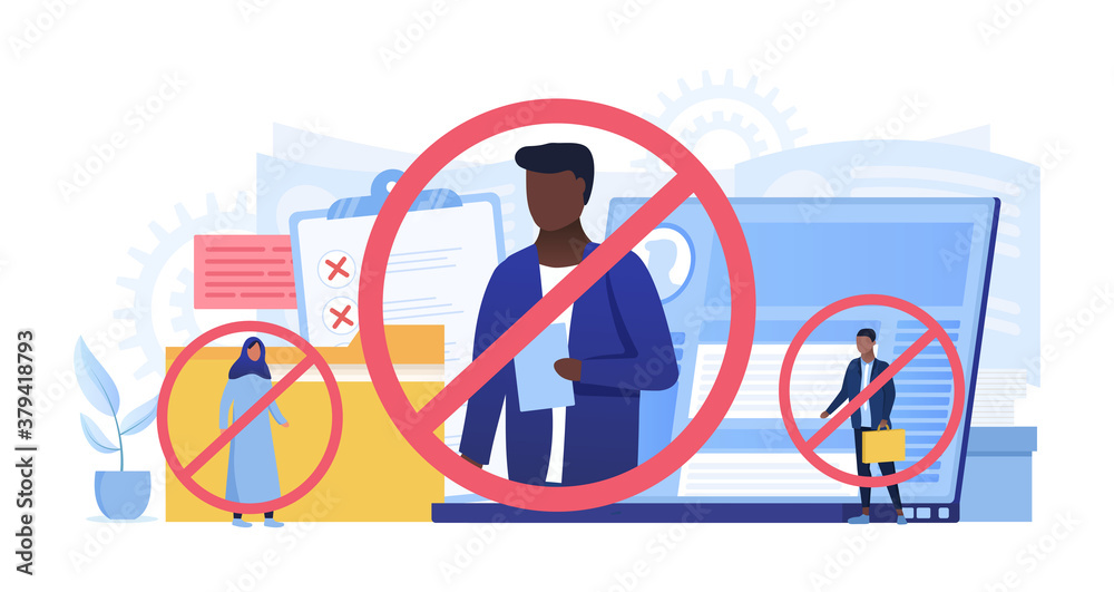 Naklejka Racism and discrimination at work showing assorted people being excluded for their cultural backgrounds in the workplace, colored vector illustration