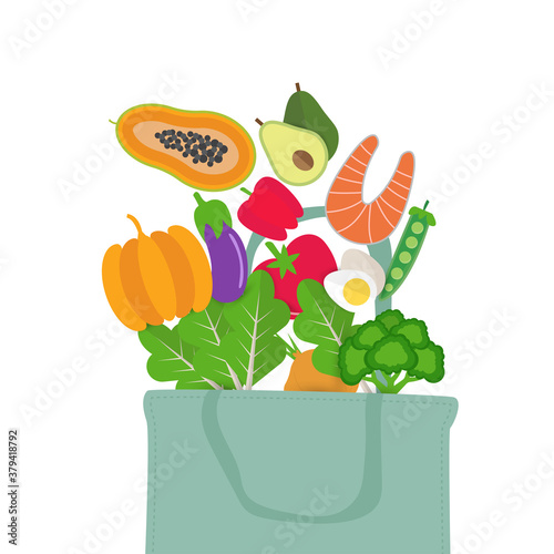Vegetables and food falling out of tipped over eco bag. Top view of healthy food. Vector illustration.
