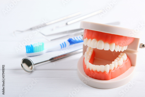 model of teeth and dental instruments and dental care products on a light background with a place to insert text