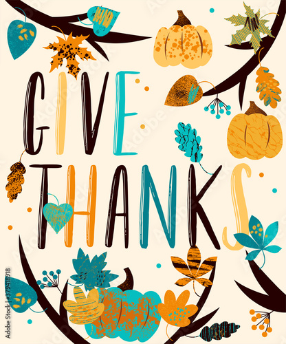 Thanksgiving Day illustration with different leaves and pumpkins.