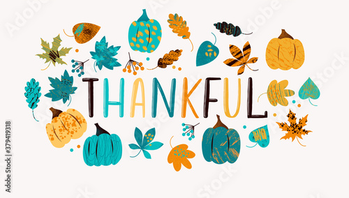 Thanksgiving Day illustration with different leaves and pumpkins.