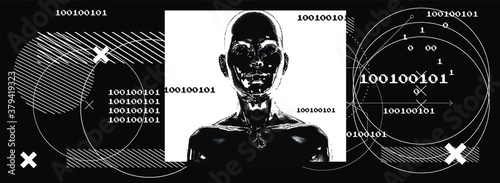 Abstract technology background with binary code and human silhouette. Conceptual illustration of Artificial intelligence, Cryptography and Cyber Security.