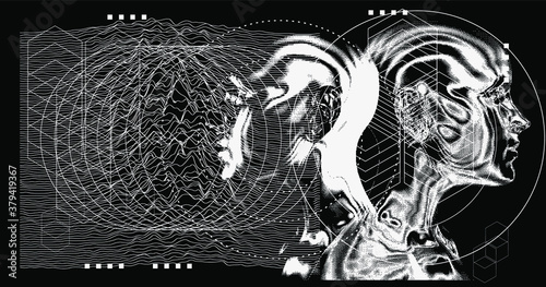 Glitchy bifurcated human silhouette made of pixels. Conceptual illustration of Cyber and Internet Security, Anonymous hacker.
