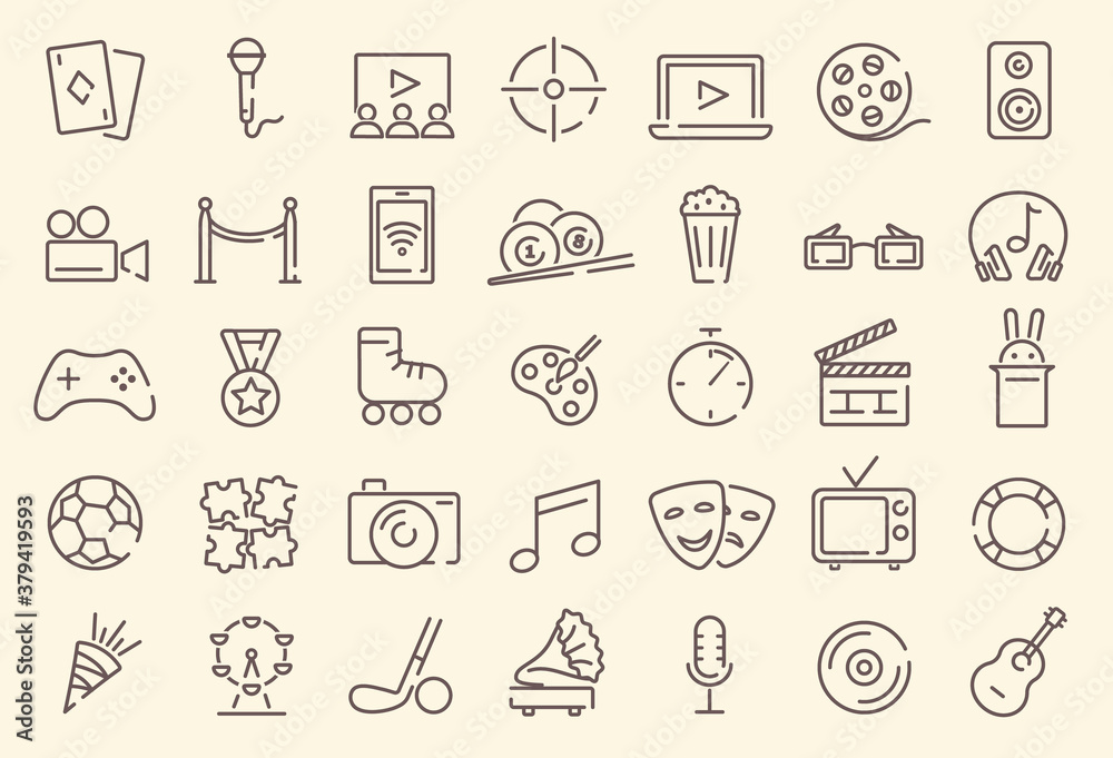 Set of vector outline icons dedicated to the theme of recreation and entertainment. Music, theater, playing cards, carousels, sports, cinema, and others.