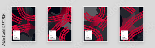 Abstract set Placards, Posters, Flyers, Banner Designs. Colorful illustration. Striped red lines and monochrome strokes. Decorative red gray geometric texture, flow shapes and gradient. Eps10 vector.