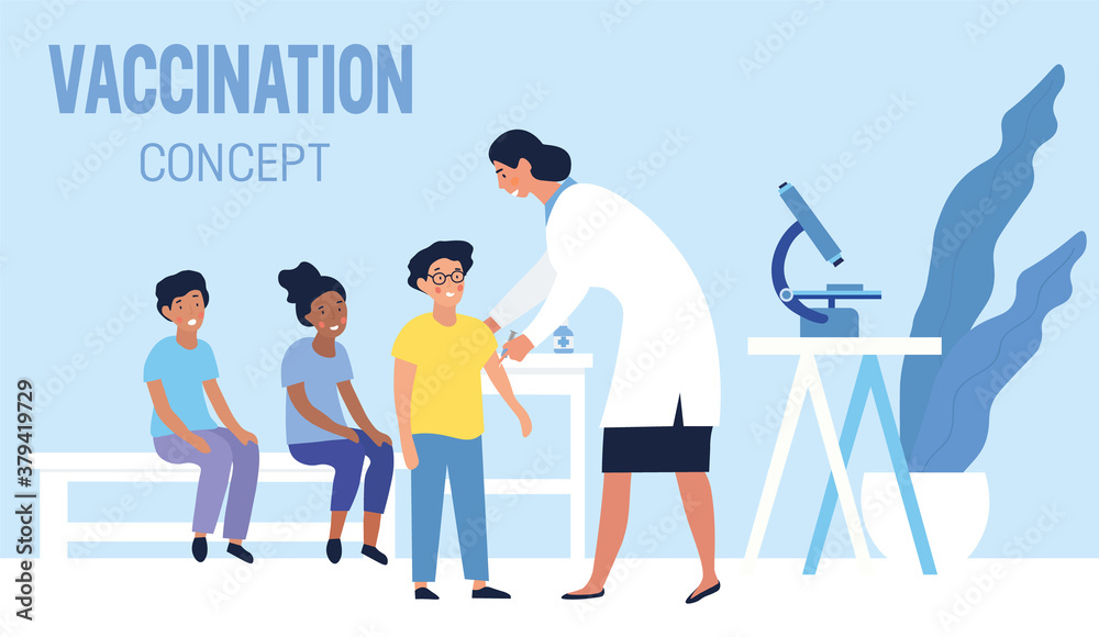 Family vaccination concept against infectious diseases with a young boy and his parents in the doctors surgery, colored vector illustration Family vaccination concept against infectious diseases with a young boy and his parents in the doctors surgery, colored vector illustration