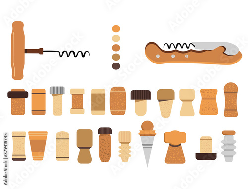Cork stoppers collection. Different types and forms bungs and plugs for alcohol bottles. Tailspin for opening wine.Champagne production and packaging technologies.Isolated vector on white background
