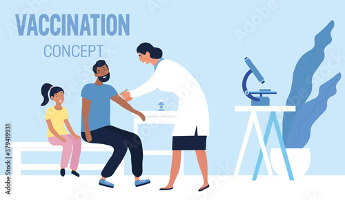 Vaccination against disease or global Covid-19 pandemic concept with a young father and daughter being vaccinated at a doctors surgery, colored vector illustration