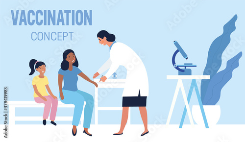 Family Vaccination concept with mother and daughter at a clinic being administered vaccinations by a doctor, colored vector illustration