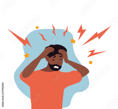 фотографія African American Man with a morning migraine clutching his throbbing head grimacing with pain, colored vector illustration