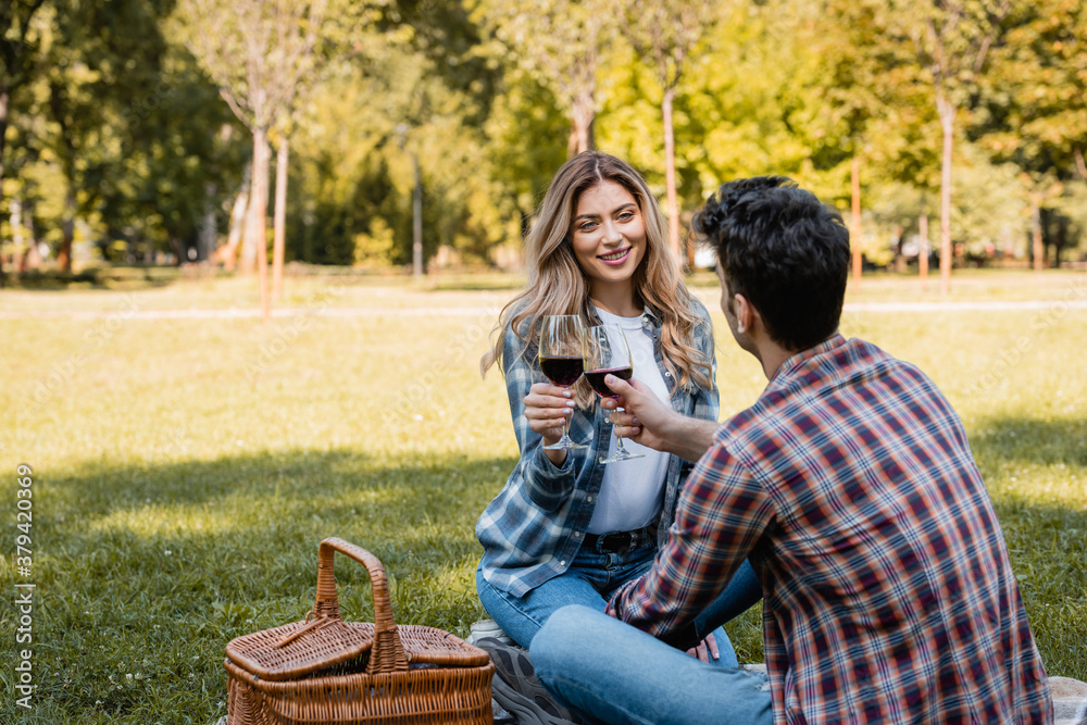 man and woman sitting on blanket and holding glasses of red wine while clinking in park man and woman sitting on blanket and holding glasses of red wine while clinking in park