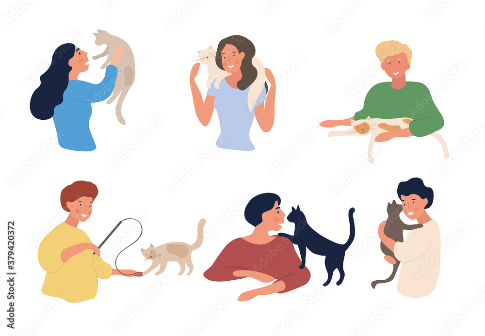 Set of six different diverse people playing with pet cats doing assorted activities isolated on white, colored vector illustration Set of six different diverse people playing with pet cats doing assorted activities isolated on white, colored vector illustration