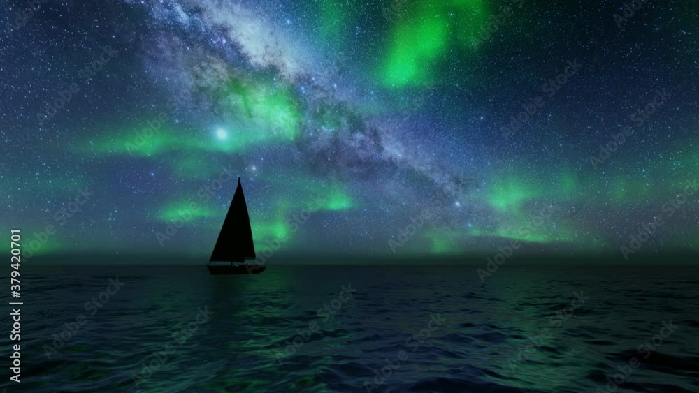 Beautiful northern lights sailboat Sea landscape. 4k