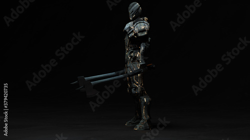 3D composite illustration of Exo Suit. Humanoid with axe in hand. 3D rendering. Art © Aneek