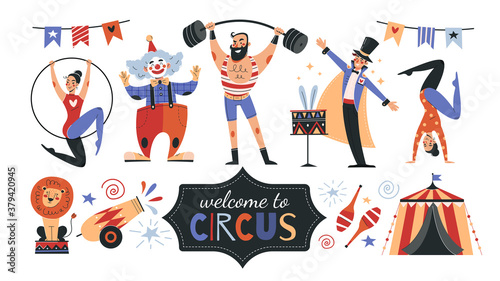 Set of colorful circus icons and banner text - Welcome To The Circus - with performers, acrobats, strong man, lion and Big Top tent, colored vector illustration photo