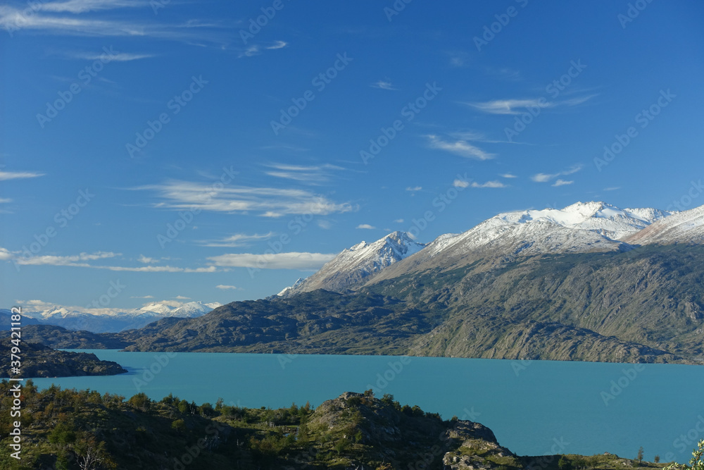 Landscape view of glacial lake Lago O'Higgins in Chile Patagonia